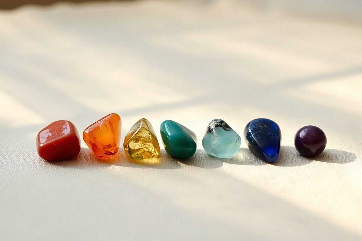 Sieben Chakra-Steine in Reihe auf Leinen — von Roter Jaspis bis Amethyst in den Chakra-Farben (KI-generiertes Bild)
