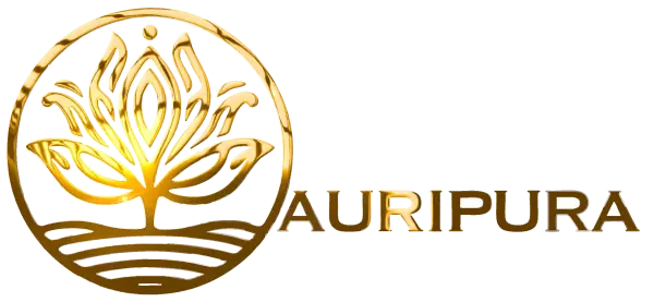 AURIPURA Logo – Goldfarbener Schriftzug für die Marke hochwertiger Chakrenmatratzen.