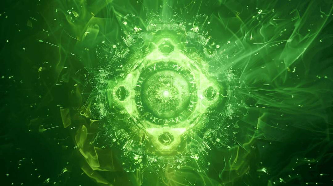 Grüne Lichtaura mit harmonischem Herzchakra-Symbol – Symbol für Liebe und Heilung