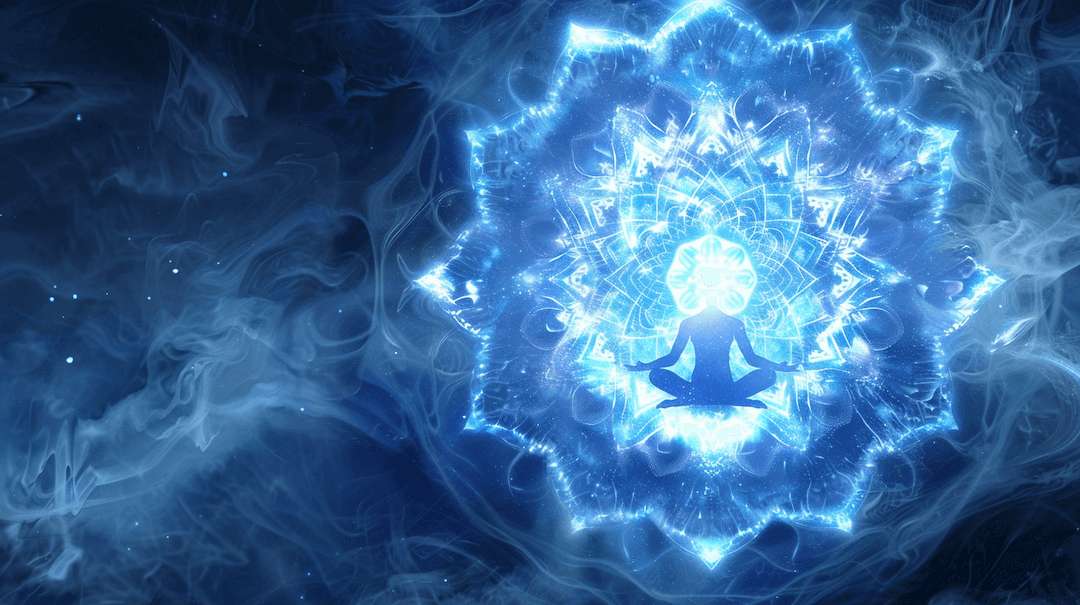 Hellblaue energetische Wellen und das Kehlchakra-Symbol – Ausdruckskraft und Klarheit