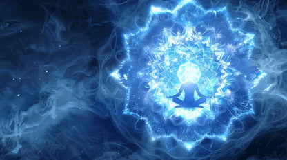 Hellblaue energetische Wellen und das Kehlchakra-Symbol – Ausdruckskraft und Klarheit