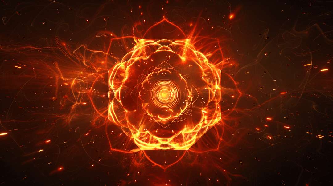 Orangefarbene Aura mit energetischem Sakralchakra-Symbol – inspiriert Kreativität und Lebensfreude