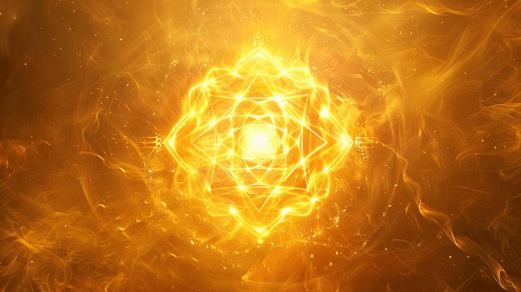 Gelbes Chakra-Leuchten mit kraftvollem Solarplexus-Symbol – Ausstrahlung von Energie und Selbstvertrauen