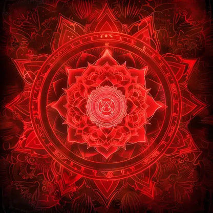 Mystisches rotes Chakra-Symbol mit leuchtender Aura – steht für Erdung und Stabilität (Wurzelchakra)