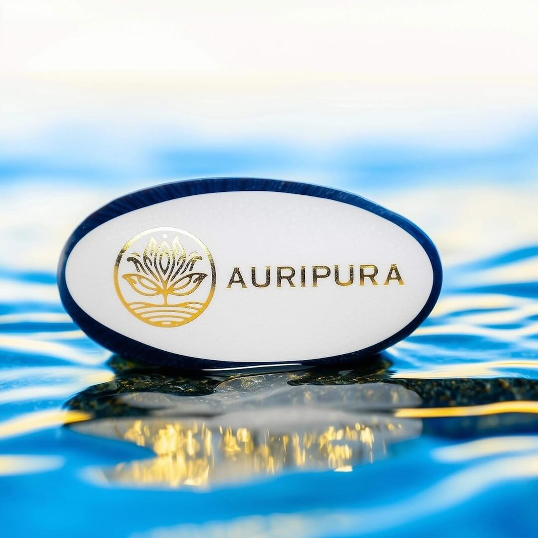 Indigofarbenes Detail für das Stirnchakra in Kombination mit seitlichem Markenlogo AURIPURA