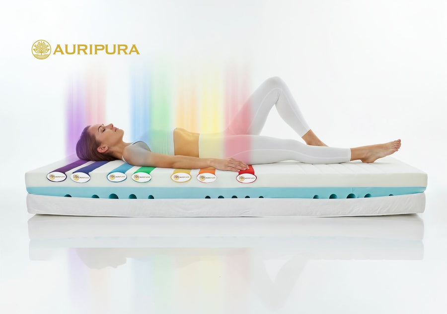 AURIPURA Chakra Willkommensvideo (mobil optimiert) – verbesserte Videoqualität, schwebende Matratze mit energetischem Lichtspiel, ideale Einstimmung auf spirituellen Schlaf web