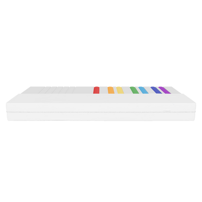 3D-Modell der AURIPURA Chakrenmatratze mit sieben Einschüben für Energiestäbe – realistische Darstellung des Schaumkerns und Matratzenbezugs.